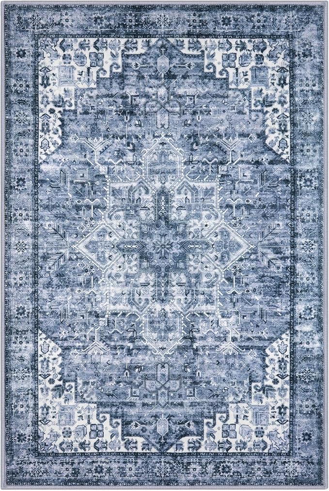 9x12 Oriental Area Rug Blue, Vintage Floral Large Washable Printed Rug for Living Room Non-Slip Ultra Soft Bedroom Rug Tribal Traditional Farmhouse Carpet for Dining Room Office Home Décor