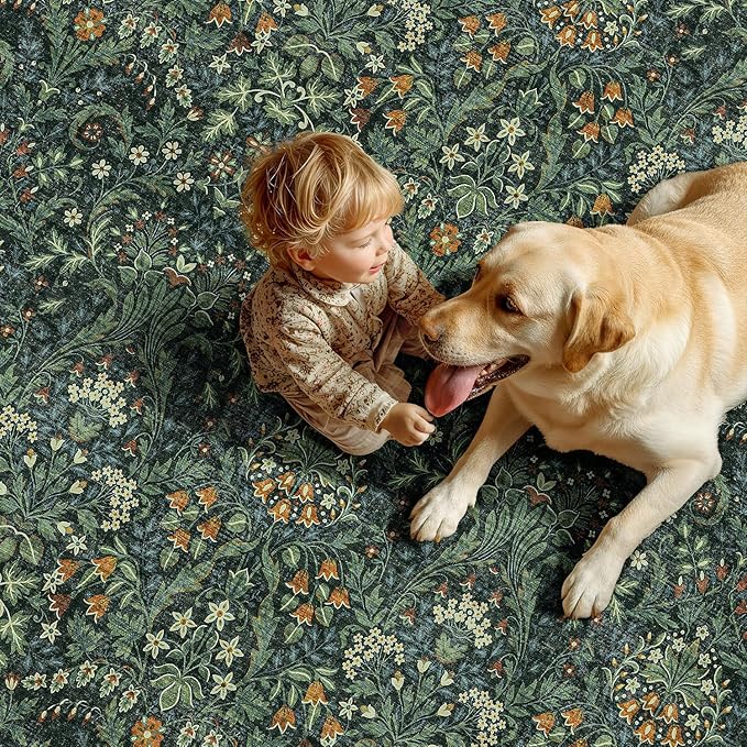 Woaboy Washable 8x10 Area Rug for Living Room Bedroom Dining Room Under Kitchen Table,Non-Slip Low Pile Stain Resistant Soft Large Carpet for Vintage Floral Oriental Home Decor Green Gold