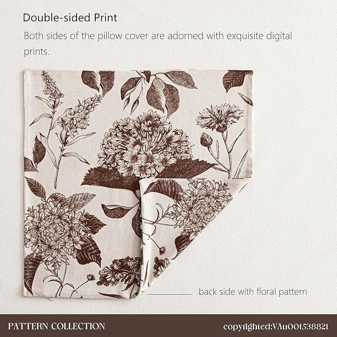 Foindtower Set of 2 Linen Floral Throw Pillow Covers Neutral Vintage Print Decorative Cushion Covers Farmhouse Boho Home Decor for Sofa Chair Couch Bedroom Living Room,18×18 Inch,Dark Brown