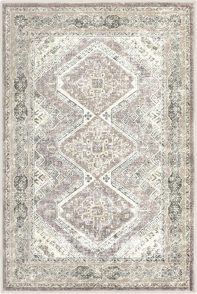 KUTA Washable Oriental Small Area Rug Ivory Grey Yellow Brown, 2x3 Entryway Rugs Indoor Non-Slip Soft Printed Vintage Distressed Farmhouse Low-Pile Door Mat for Entrance Bedroom Kitchen Nursery