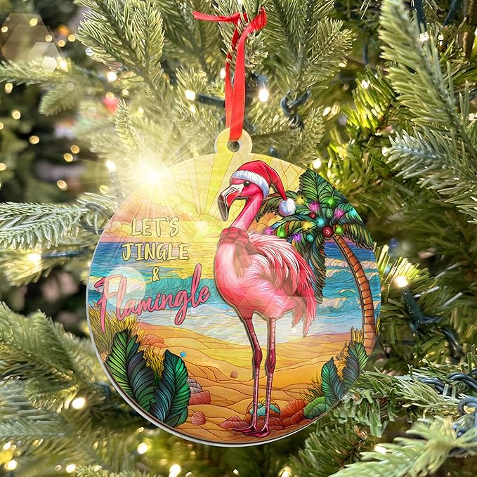 Flamingo Christmas Ornaments 2025 - Suncatcher Animal Ornaments for Tree - Flamingo Ornament for Tropical Christmas Decorations, Funny Pink Flamingos Gifts for Women Men, Beach Ornament