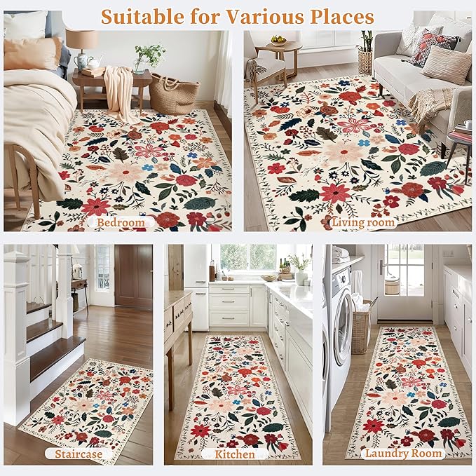 Tangsoo Runner Rug for Hallways Kitchen Rug, Non Slip 2x6 Washable Boho Floral Rug Runner for Entryway, Low Pile Carpet Door Mat Indoor Entrance for Kids Room Bedroom Laundry Office(White/Beige)