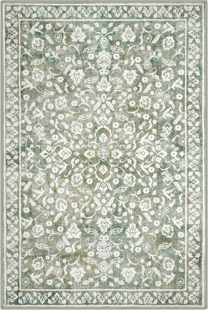 Vintage 4x6 Area Rug, Sage Green Beige Entryway Rug Non-Slip, Washable Living Room Rug Thin Printed Faux Wool Floor Super Soft Carpet Throw Rugs for Bedroom Dining Room Indoor Office