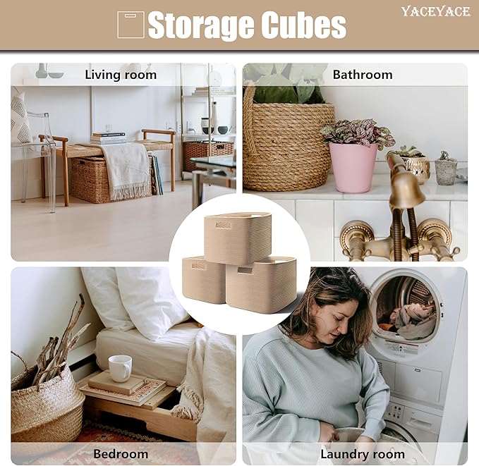Storage Bins for Shelves, 3 Pack Storage Cubes Bins for Home Organizing, Decorative, Cotton Blend, Foldable Baskets for Bedroom, Livingroom