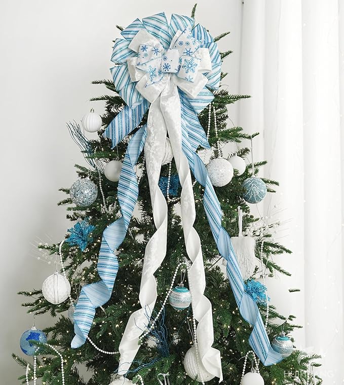 HUIHUANG Blue and White Christmas Tree Topper Bow 13 inch x 45 inch Large Christmas Bows Snowflake Velvet Bows for Christmas Tree Ornament, Wreaths, Staircase, Mantel, Home Decor