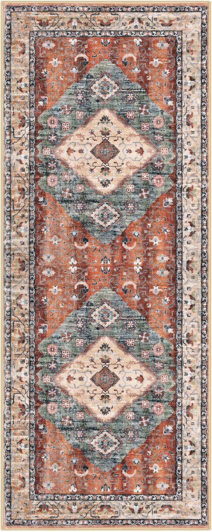 KOZYFLY Runners for Hallways 2.6x8 Ft Washable Kitchen Runner Rug Boho Runner Rug for Entryway Indoor Rust/Orange/Blue Printed Oriental Faux Wool Floor Carpet Runner for Bedroom Kitchen Hall
