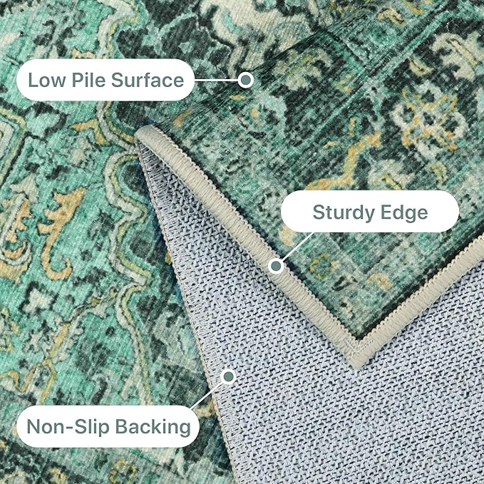 GENIMO Machine Washable 9x12 Area Rugs for Living Room, Non Slip Vintage Rugs, Low Pile Lightweight Chenille Print Rug for Bedroom, Dining Room, Home Office, Turquoise