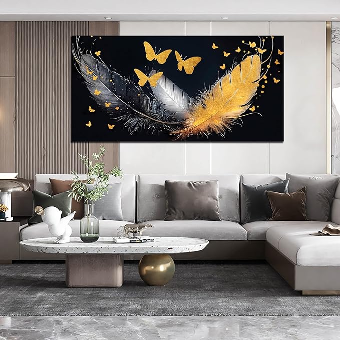 SIXTTART Feather Canvas Wall Art for Living Room - Butterfly Pictures Wall Art for Bedroom - Black White and Gold Wall Art for Office Size 29" x 59"