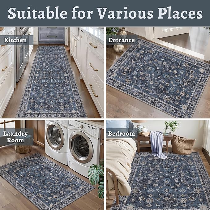 Tangsoo Small Rug 2x3 Throw Rugs for Entryway Washable Entry Rug Non Slip, Vintage Blue Floral Indoor Rugs Distressed Small Carpet Soft Low Pile Boho Door Mat for Entrance Bedroom Kitchen Foyer Decor