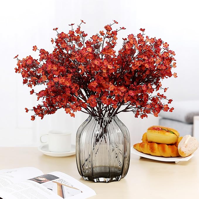 JAKY-Global Babys Breath Silk Artificial Flowers Bulk 12pcs for Fall Decor Fake Flower Bouquet Bulk for Home Kitchen Indoor Bouquet Floral Arrangement Table Centerpieces Party Decor(Burnt Red Brown)