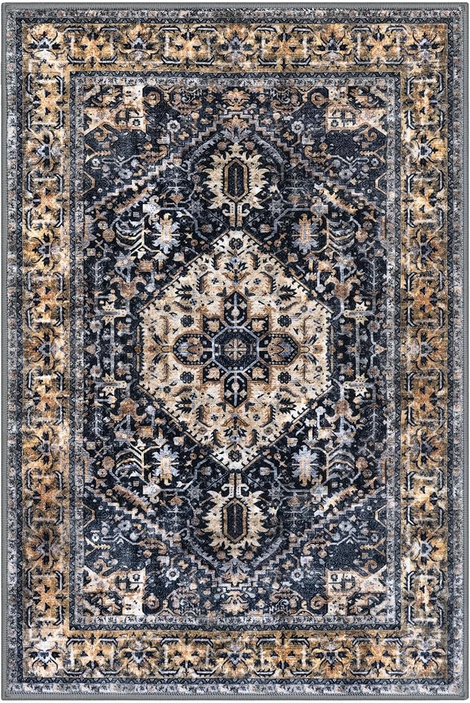KOZYFLY Boho Area Rug 9x12 Ft Thin Rugs for Living Room Washable Bedroom Rug Non Slip Rugs for Living Room Gold Navy Printed Faux Wool Vintage Bedroom Rug Floor Carpet for Dining Room