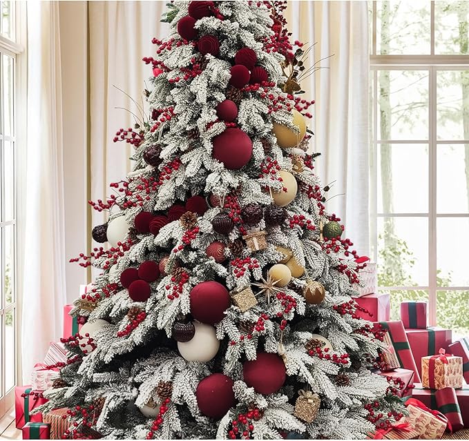 15PCS Red Velvet Flocked Christmas Ornaments, 3.15" Shatterproof Matte Balls for Xmas Tree Decor, Elegant Luxury Holiday Ornaments (Burgundy Red)