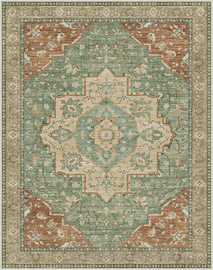 GENIMO 6x9 Area Rugs for Living Room, Machine Washable Non Slip Vintage Rugs, Low Pile Lightweight Chenille Print Rug for Bedroom, Dining Room, Home Office