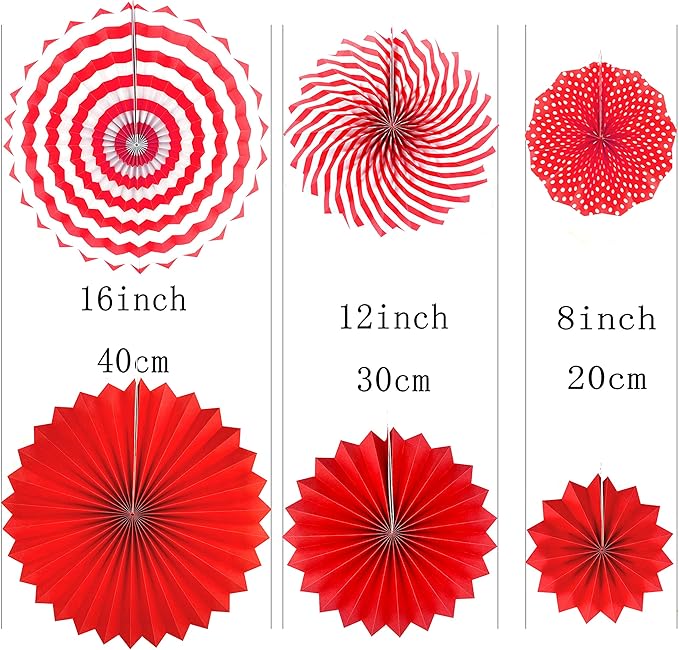 Red Hanging Paper Fans Decorations - 12pc, Party Photobooth Props, Festive Elegance, Paper, Hanging, 12 Count