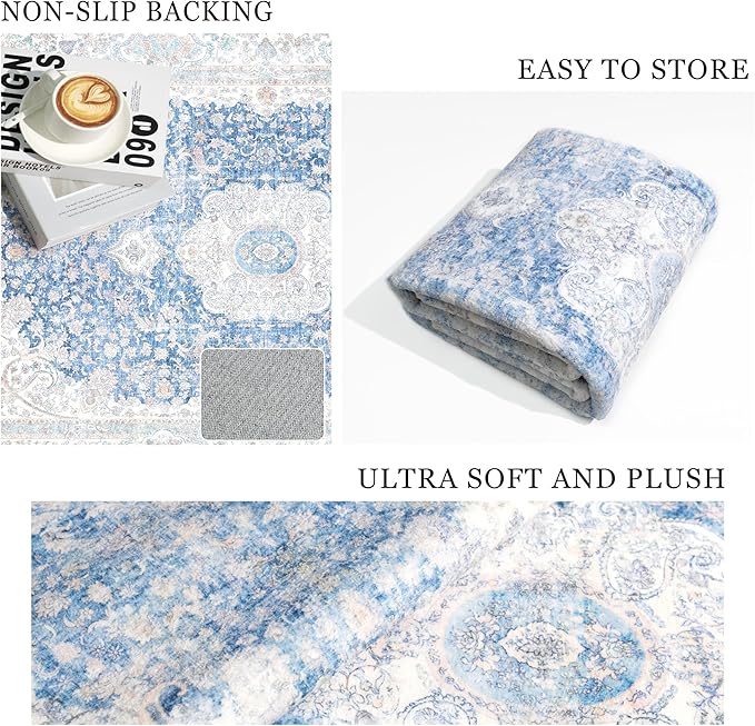 Blue Rug 3x5,Washable Area Rugs for Bedroom Living Room Kitchen Entryway,Small Boho Vintage Bohemian Distressed Non Slip Carpet,Floral