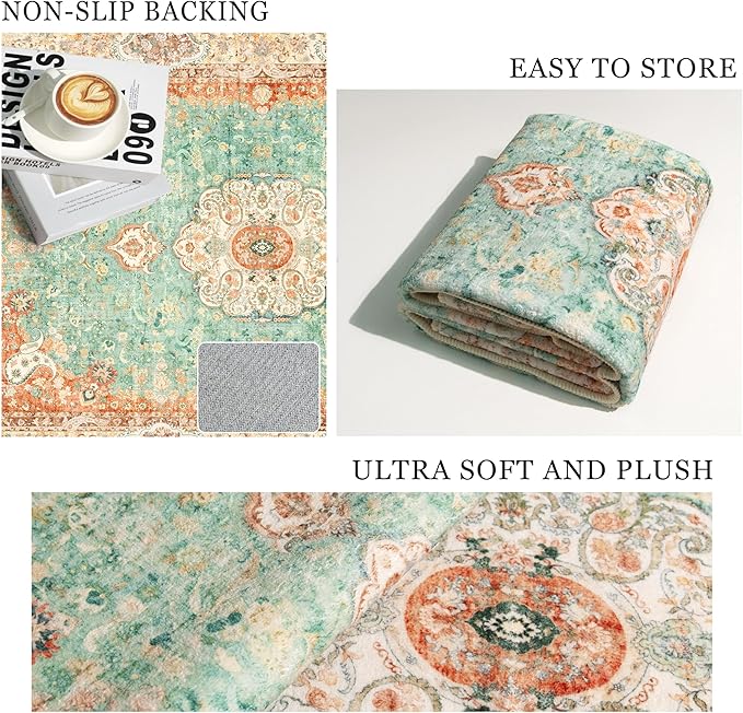 Boho Rug 3x5,Washable Area Rugs for Bedroom Living Room Kitchen Entryway,Small Boho Vintage Bohemian Distressed Farmhouse Non Slip Carpet,Retro Orange Green Floral