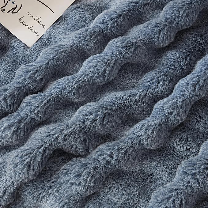 COOVA Faux Fur Throw Blanket for Couch, Cozy Soft and Fuzzy Plush Rabbit Fur Bubble Blanket for Sofa Bedroom Living Room, 60x80 Inches Cationic Dark Blue
