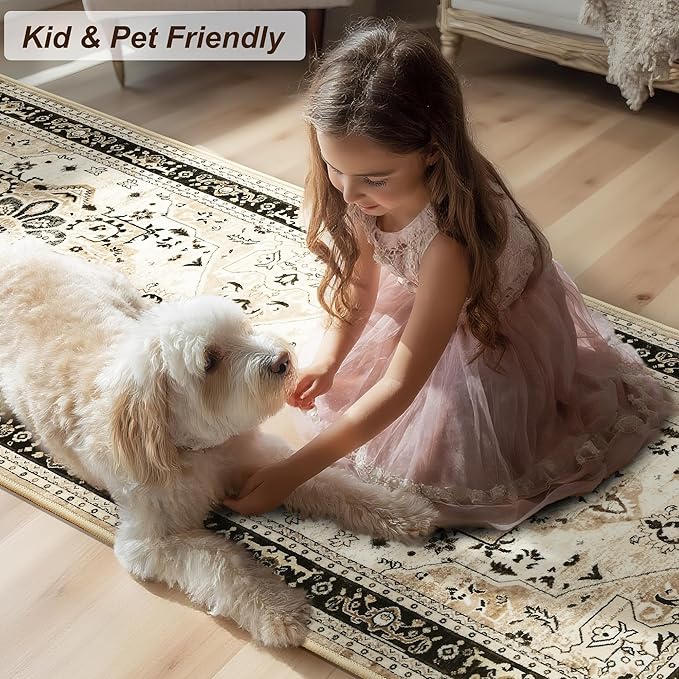 XWZO Washable Hallway Runner Rug 2x8ft — Non-Slip Low Pile Area Rug with Rubber Backing, Spill Resistant Soft Vintage Floor Carpet Runner for Kitchen Entryway Doorway Bedroom Corridor, Brown Beige