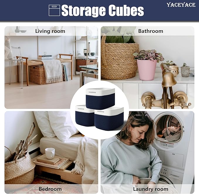 Woven Baskets for Cube Storage, 3 Pack Fabric Storage Bins with Handles, Foldable Rope Baskets for Shelves, Home, Office, 15''Lx10''Wx9''H