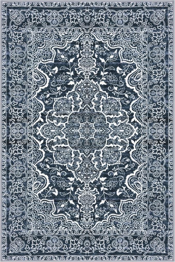KUTA 3x5 Rugs for Entryway Non-Slip Washable Area Rug, Vintage Floral Kitchen Rugs Navy Blue, Ultra Soft Printed Medallion Tribal Entry Low-Pile Carpet for Entrance Bedroom Nursery Dorm Décor