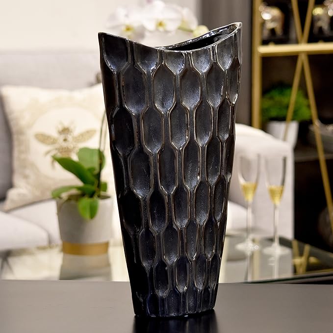 Ceramic Decorative Silver vase, Silver Decor Center Piece for Home Decor Features Honeycomb Design vase for Living Room, Table, Office Decor: 10.50"x4.00"x18.25"H