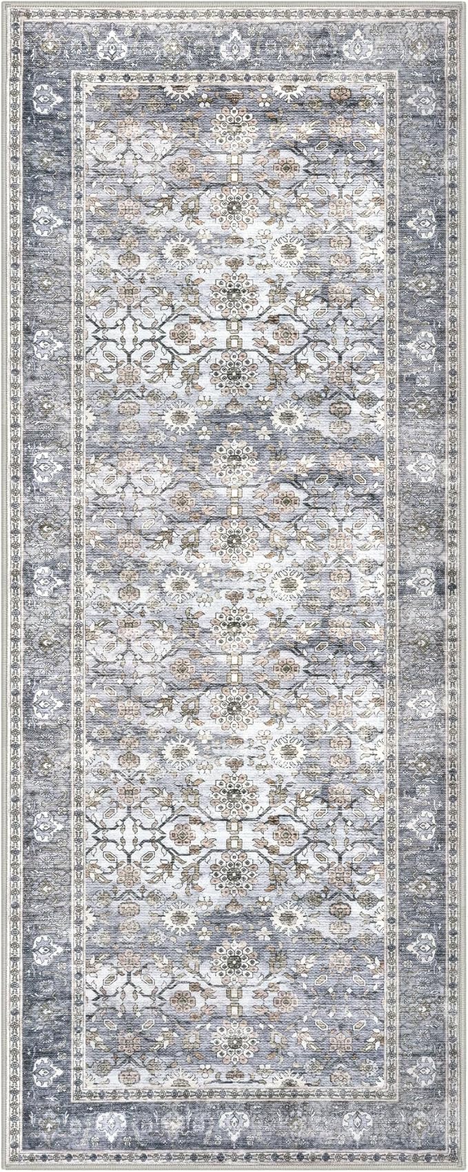 KUTA Vintage Floral Washable Hallway Runner, 2x5 Runners for Hallways Non-Slip Kitchen Rugs Grey Blue Ultra Thin Soft Printed Distressed Oriental Floor Carpet for Laundry Bedroom Living Room Nursery