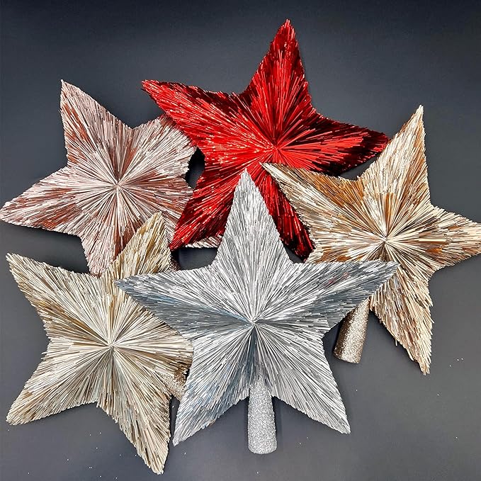 10" Elegant Christmas Star Tree Topper - Classic 5-Pointed Star Top - Unique Design - Luxury Tinsel Stars - Handmade Tree Top - Holiday Decor for Medium and Big Trees - Large (10 inches) (Rose Gold)