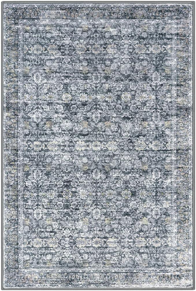 2x3 Washable Rug Soft Area Rug for Entryway, Grey Brown Non-Slip Indoor Door Mat Distressed Floral Low-Pile Kitchen Rugs, Neutral Vintage Carpet for Entrance Kitchen Bedside Farmhouse