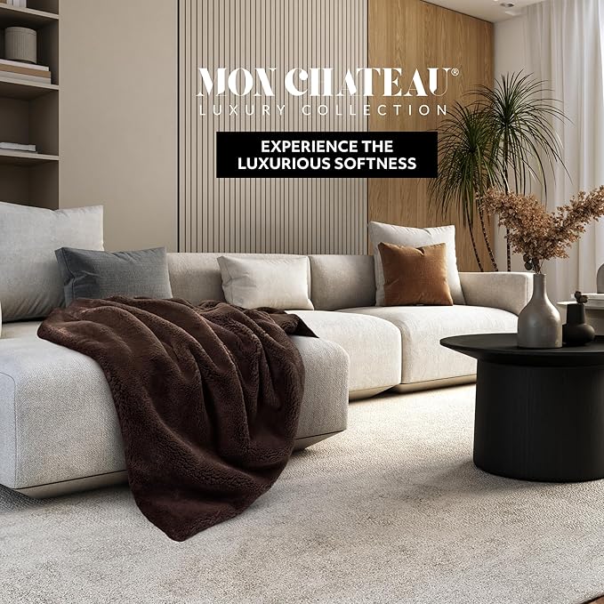 Mon Chateau 60" x 70" Hearthside Faux Fur Throw Blanket, Reversible Soft Blanket for Queen-Size Bed, Couch, or Sofa, Cozy Home Decor and Stylish Living Room Comfort, Winter Cream (Chestnut)