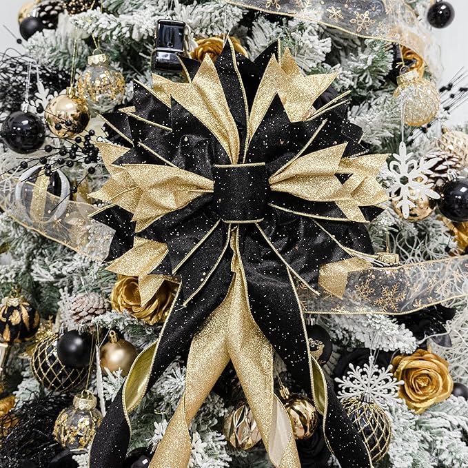 Christmas Tree Topper Bow, 53x13 Inches Large Christmas Bow with Glitter Streamer, Decorative Ribbon Bows for Xmas Tree Wreath Door Festival Home Decor(Black & Gold)