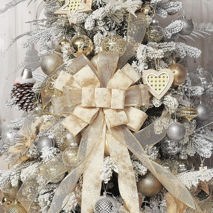 Christmas Tree Topper Bow, 44X12 Inch Artificial Xmas Tree Flower Topper Decor, for Family, Wedding, Birthday Party, Indoor Outdoor Thanksgiving Christmas Decoration - Gold/Snowflake.