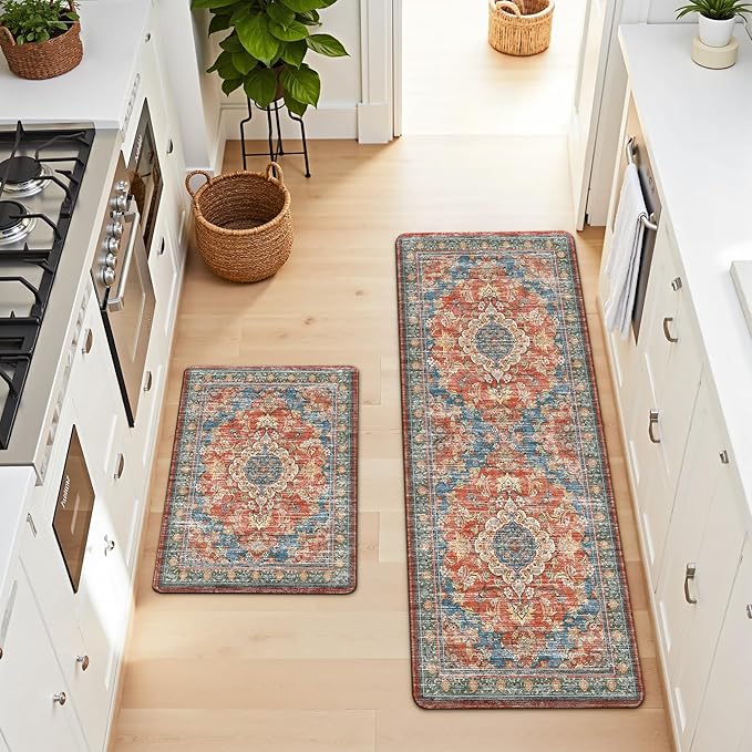 Boho Kitchen Mats for Floor 2 Piece Set Anti Fatigue Cushioned PVC Kitchen Rugs Non Slip Waterproof Farmhouse Mats 2/5 Inch Comfort Standing Mat for Sink, Laundry, 17.3"x59"+17.3"x28", Retro Red