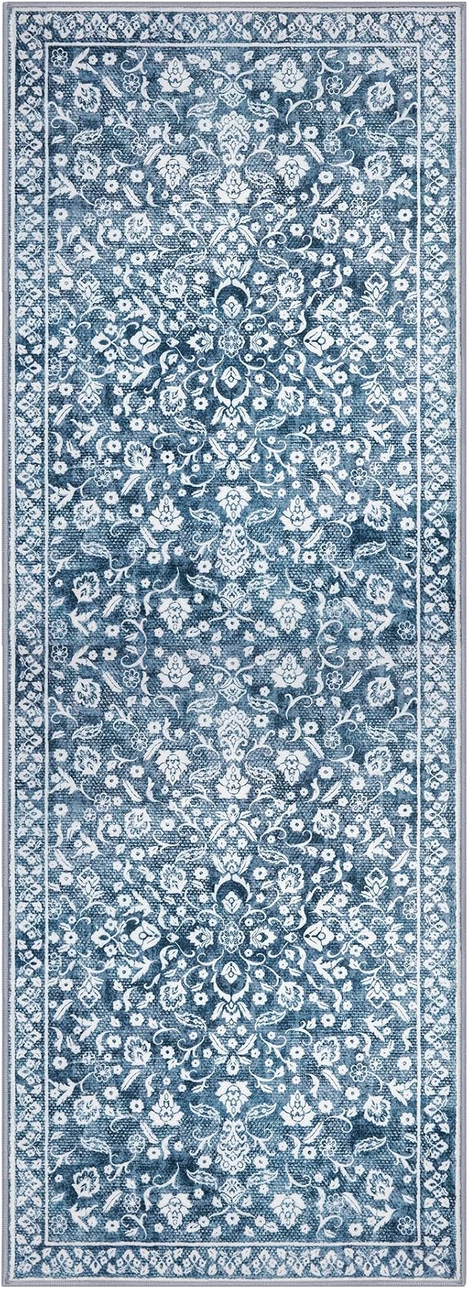 Vintage 2.6x8 Hallway Runner, Blue and White Washable Non-Slip Hallway Carpet, Super Soft Kitchen Runner Rug, Print Faux Wool Floral Thin Carpet for Indoor & Bedside