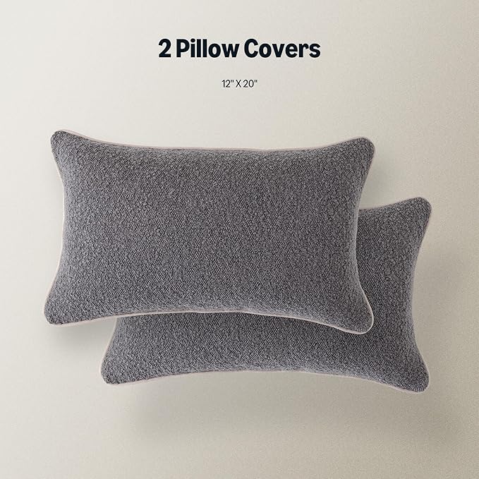 Amazon Basics Boucle Lumbar Throw Pillow Covers for Couch, Living Room, Home Decor with Hidden Zipper, Grey, 12×20in, Pack of 2
