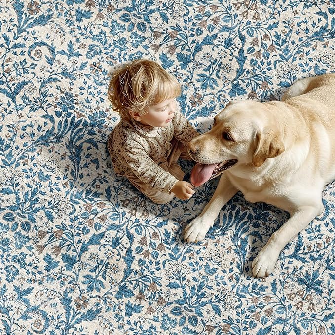 Woaboy Washable 8x10 Area Rug for Living Room Bedroom Dining Room Under Kitchen Table,Non-Slip Low Pile Stain Resistant Soft Large Carpet for Vintage Floral Oriental Home Decor Blue