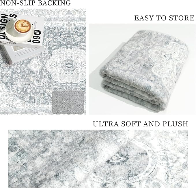 Washable Runner Rug 2x6,Grey Rug Runners Non Slip,Long Boho Rugs for Hallways Kitchen Bedroom Entryway Living Room Bathroom,Vintage Bohemian Distressed Floor Carpet,Floral