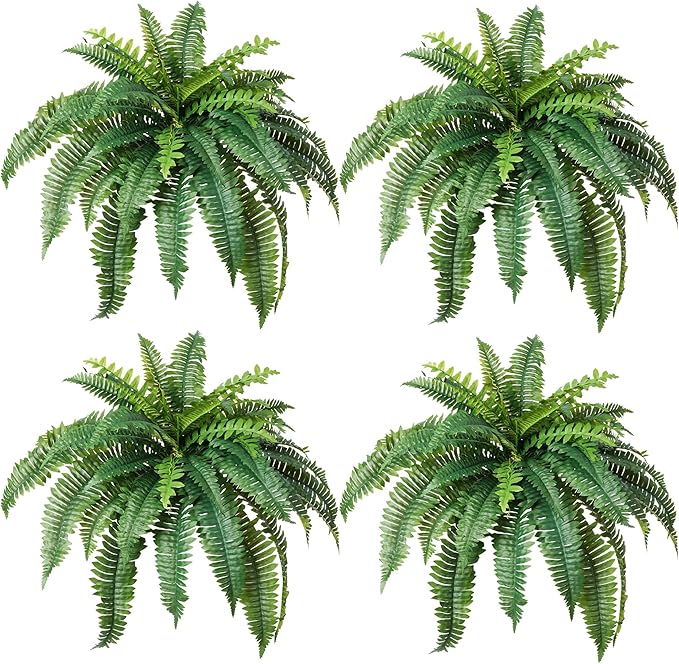 Fake Ferns Artificial Ferns for Outdoors 4Pack Large Faux Ferns UV Resistance for Outdoor Large Planter Realistic Artificial Boston Fern Plants for Garden Balcony Terrace Decor,25.6In,38Leaves