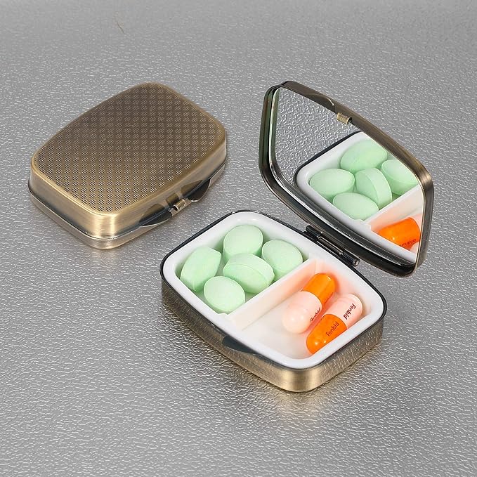 Dynippy Pill Case Pill Box with Mirror Retro Pocket 2 Compartment Medicine Case Vitamin Pill Organizer for Pocket Purse and Travel (Vintage Landscape Pattern)