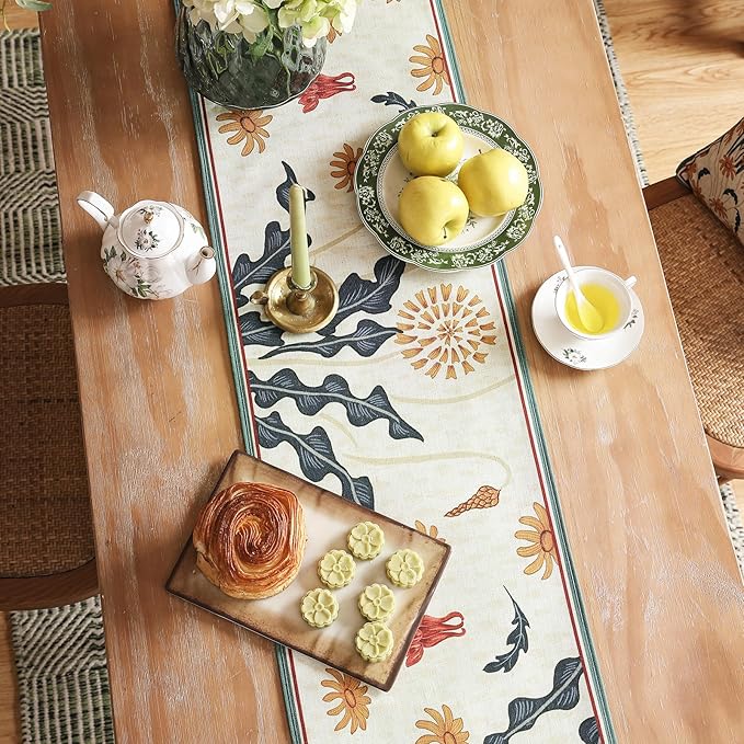 Beige Rectangular Christmas Table Runner 63 Inches Long,Farmhouse Linen Flower Table Runners with Orange and Red Floral,Fall Decorations for Home Thanksgiving Party.12*63"-Tijuana