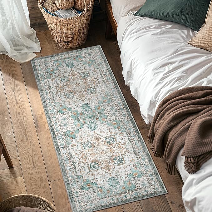 GENIMO 2‘6“x10 Runner Rugs for Hallway, Machine Washable Non Slip Vintage Rugs, Low Pile Lightweight Soft Print Rug for enrtyway, Corridor, Home Office, Kitchen, Cyan