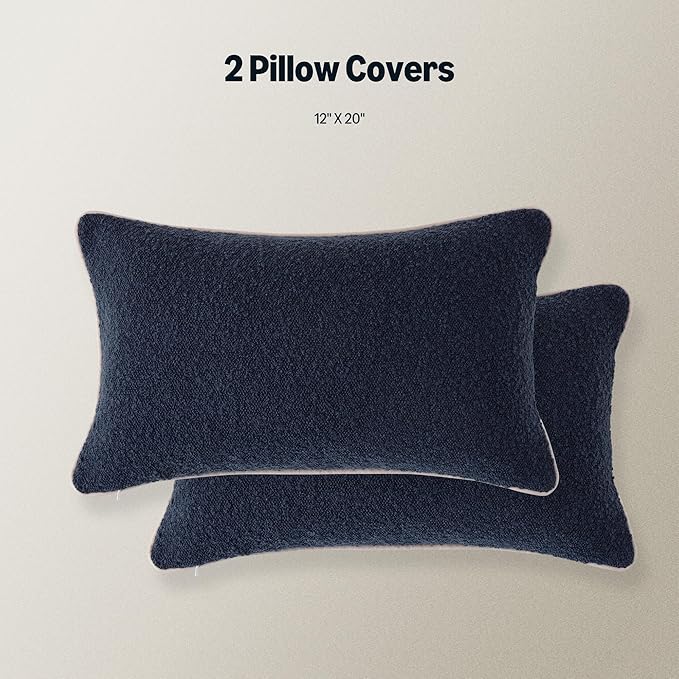 Amazon Basics Boucle Lumbar Throw Pillow Covers for Couch, Living Room, Home Decor with Hidden Zipper, Blue, 12×20in, Pack of 2