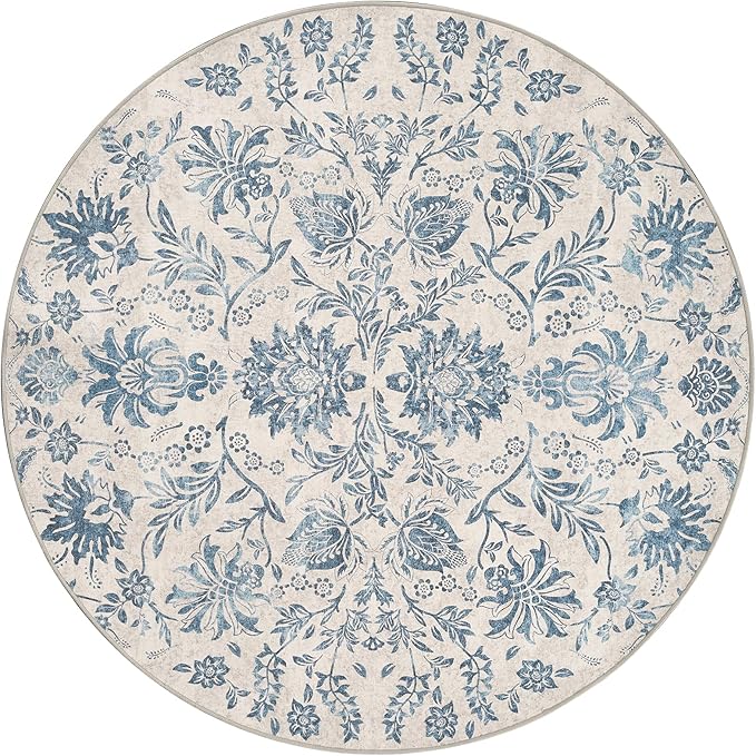 jinchan Torino Classic Floral Round Rug 8ft, Vintage-Inspired Design 8’Circle Rug, Machine Washable Ultra-Thin Low-Pile Non-Slip Indoor Carpet for Bedroom Dining Room Living Room, Dark Blue