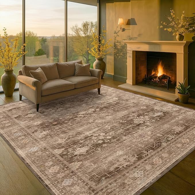 Brown 9x12 Living Room Rug - Vintage Western Eclectic Unique Neutral Taupe, Washable Low Pile Non-Slip Large Area Rugs for Dining Under Table Bedroom Under Bed