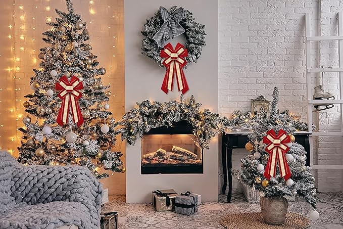 Hying Large Christmas Bows for Wreath, Christmas Wreath Bow Glitter Gold Red Velvet Bow Winter Xmas Tree Bows Ornaments for Front Door New Year Christmas Party Decoration Supplies