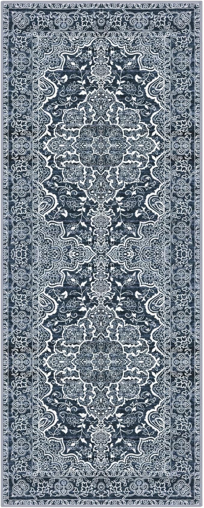 KUTA Washable Kitchen Runner 3x8, Non Skid Washable 8 ft Navy Blue Runners, Printed Vintage Distressed Floral Area Rugs Ultra Soft Carpet for Bedroom Living Room