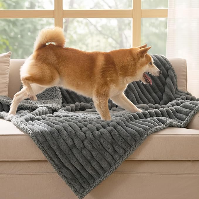 Bedsure Waterproof Dog Blankets for Large Dogs - Soft Puppy Cat Blanket Corduroy Fleece for Couch Protector Washable, Cozy Calming Reversible Furniture Protection for Pet,40"x50", Warm Grey