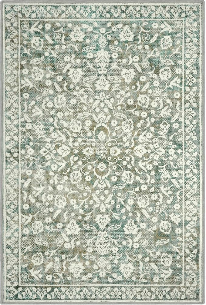 Vintage 3x5 Washable Rug for Entryway, Super Soft Sage Green Beige Entryway Rug Non-Slip, Printed Faux Wool Floral 3x5 Area Rug Thin Floor Carpet for Kitchen, Bedroom, Office, Living Room