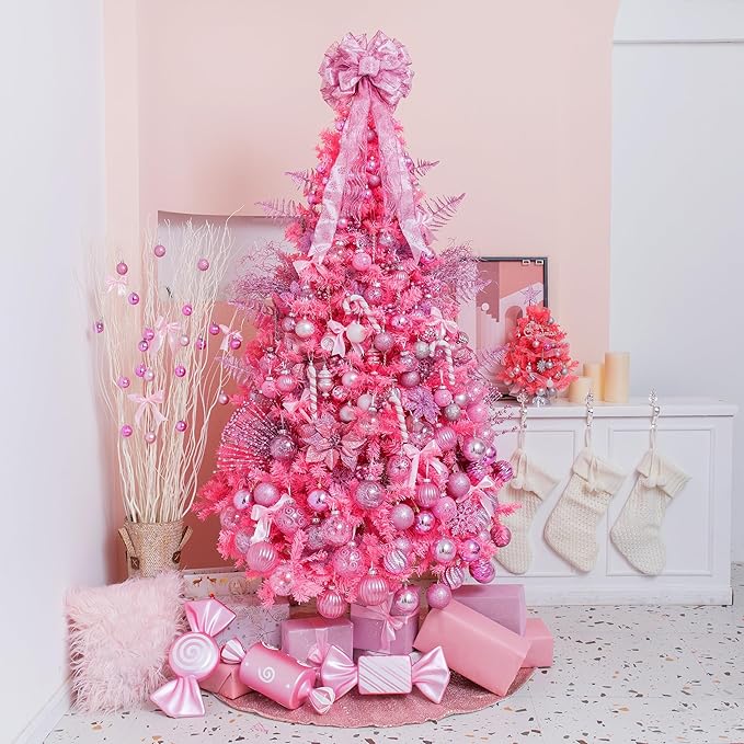 XmasExp 24ct Mini Christmas Ball Ornaments Shatterproof Christmas Ornaments Set Decorations for Xmas Tree Balls 30mm/1.18" (Pink)