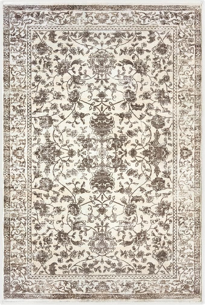 KILOCOCO Area Rug 5x7 Living Room Rug Washable Printed Vintage Floral Non Slip Soft Rubber Backed Indoor Bedroom Rugs for Laundry Room Kitchen Playroom Moroccan Area Rugs, Beige/Brown