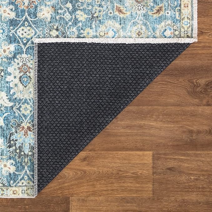 Bloom Rugs Caria Washable Non-Slip 7 ft Runner - Blue/Beige Traditional Runner for Entryway, Hallway, Bathroom, and Kitchen - Exact Size: 2'6" x 7'